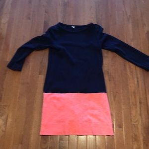 J crew navy dress with neon orange/pink bottom